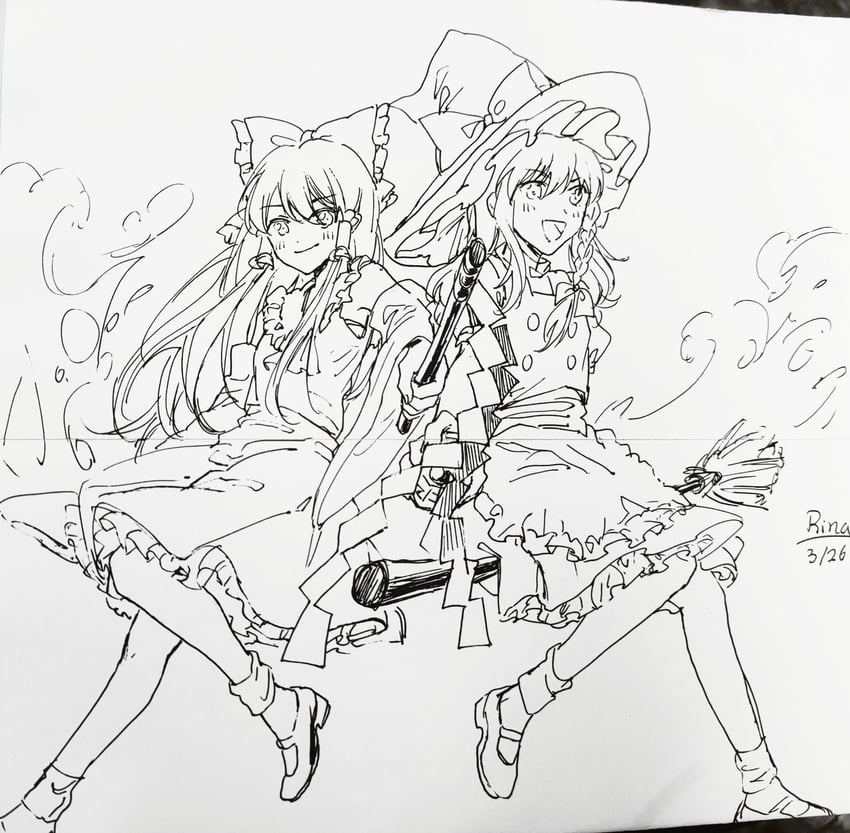 东方Project、博丽灵梦、雾雨魔理沙 2名女孩 :D 围裙 阿斯科特领巾 脸红