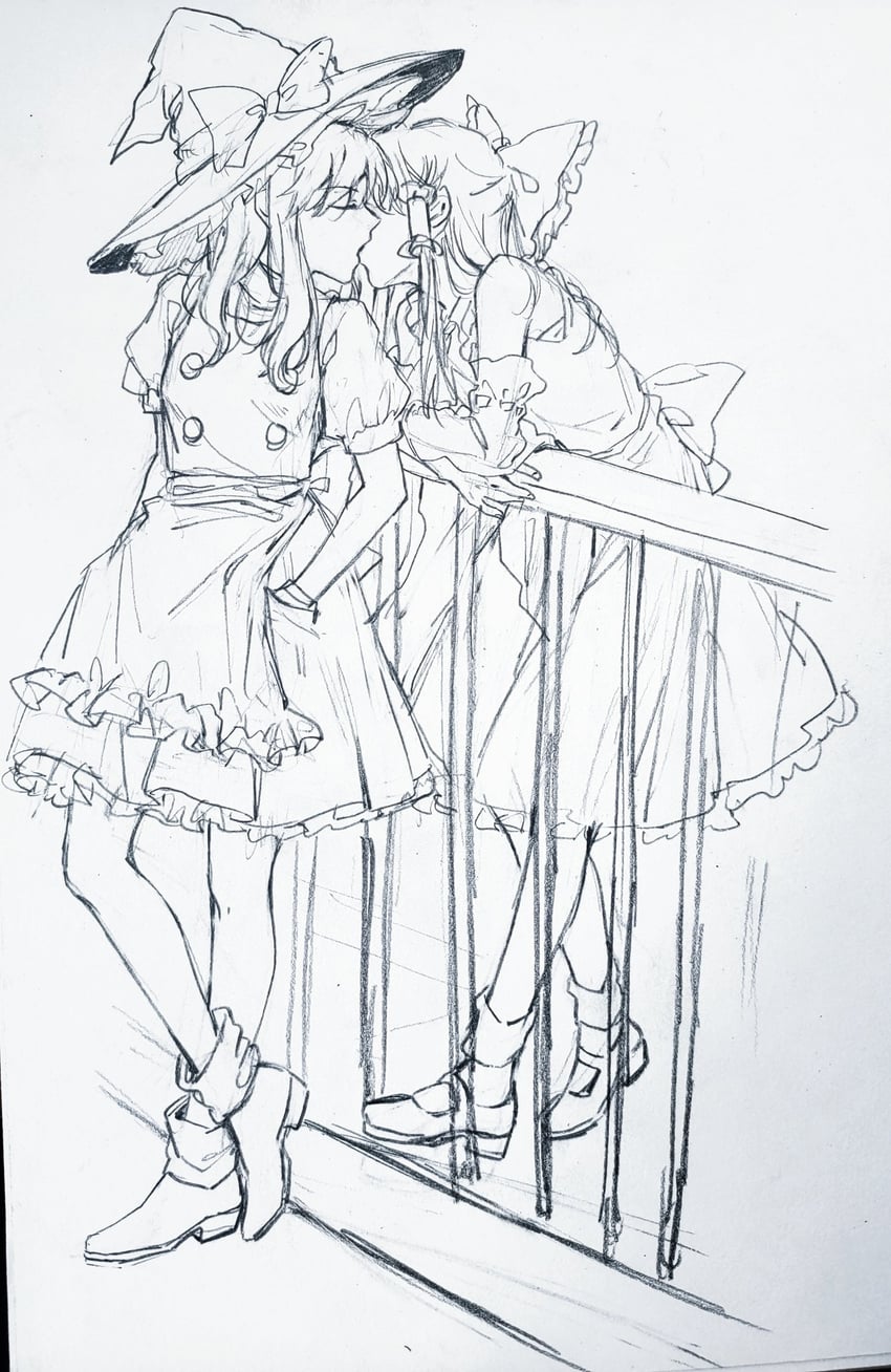 东方Project、博丽灵梦、雾雨魔理沙 2名女孩 围裙 阿斯科特领巾 蝴蝶结 闭眼