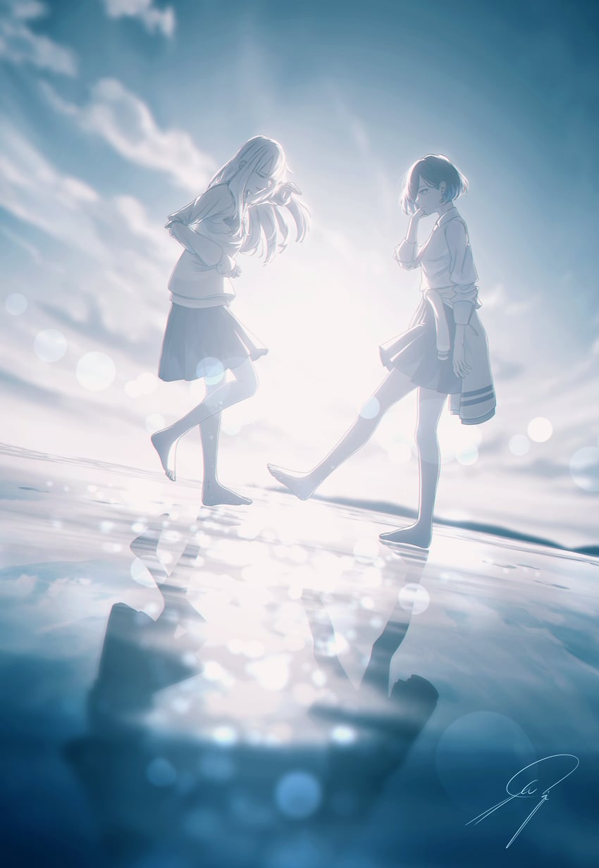 原创 2名女孩 逆光 赤脚 海滩 黑发