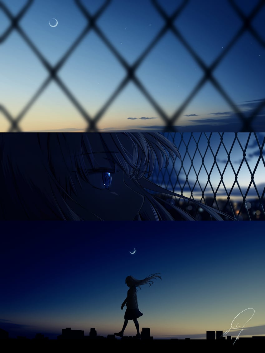 原创 1名女孩 三格漫画 蓝眼 模糊 模糊前景
