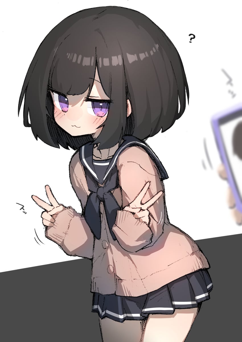 原创、后辈酱(fukutchi) 1名女孩 1个其他角色 猫脸笑 问号 黑色蝴蝶结