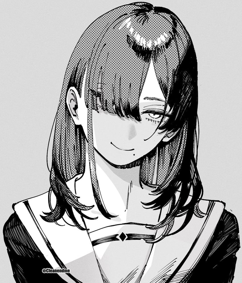 原创 1名女孩 灰度 单眼遮盖 长发 痣