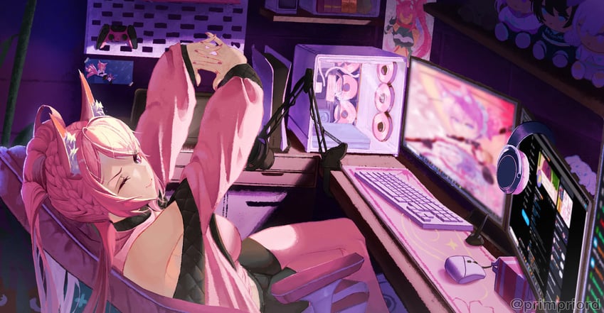 个人势虚拟主播、苺茶 (Vtuber) 1名女孩 兽耳 辫子 乳房 椅子