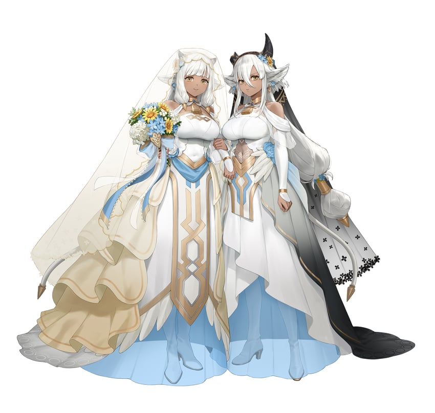 火焰纹章、火焰之纹章：英雄、ash (divergent brides) (fire emblem) 2名女孩 兽耳 乳房 断角 遮盖肚脐