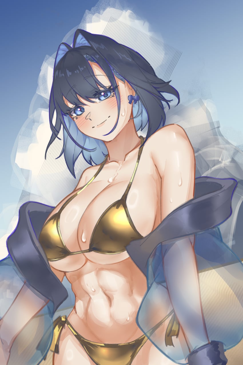 Hololive、Hololive英语、议会 (Kronii) 1名女孩 腹肌 比基尼 黑发 蓝眼