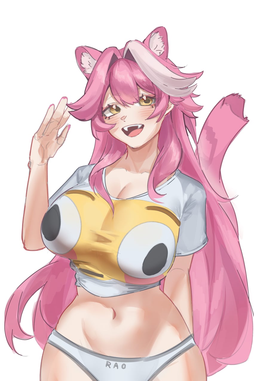 Hololive、Hololive英语、Raora Panthera (Hololive) 1名女孩 兽耳 乳房 尖牙 脸红表情包T恤 (模因)