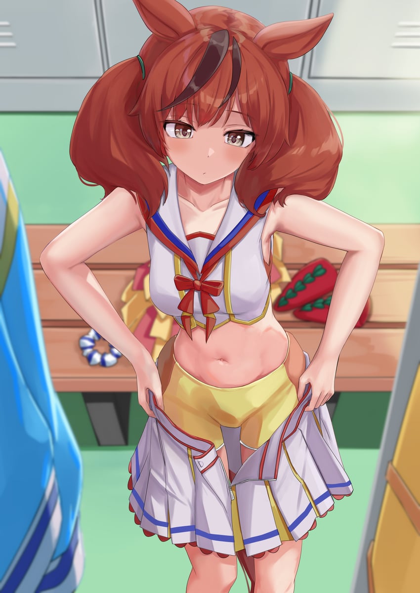 赛马娘、优秀素质 (Run & Win) (赛马娘)、优秀素质 (赛马娘) 1名女孩 兽耳 蓝色夹克 脸红 蝴蝶结
