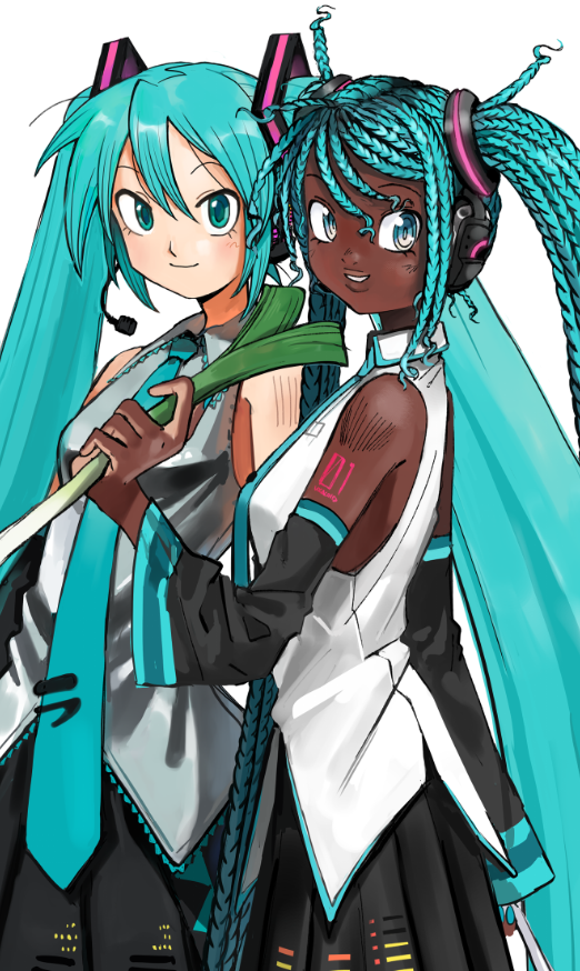 VOCALOID、自由形态初音未来、初音未来 2名女孩 异色皮肤 水色瞳 水色发 露肩