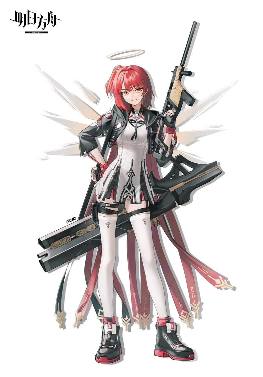 明日方舟、能天使 (明日方舟)、能天使 (新约) (明日方舟) 1名女孩 黑色手套 乳房 短款夹克 露指手套