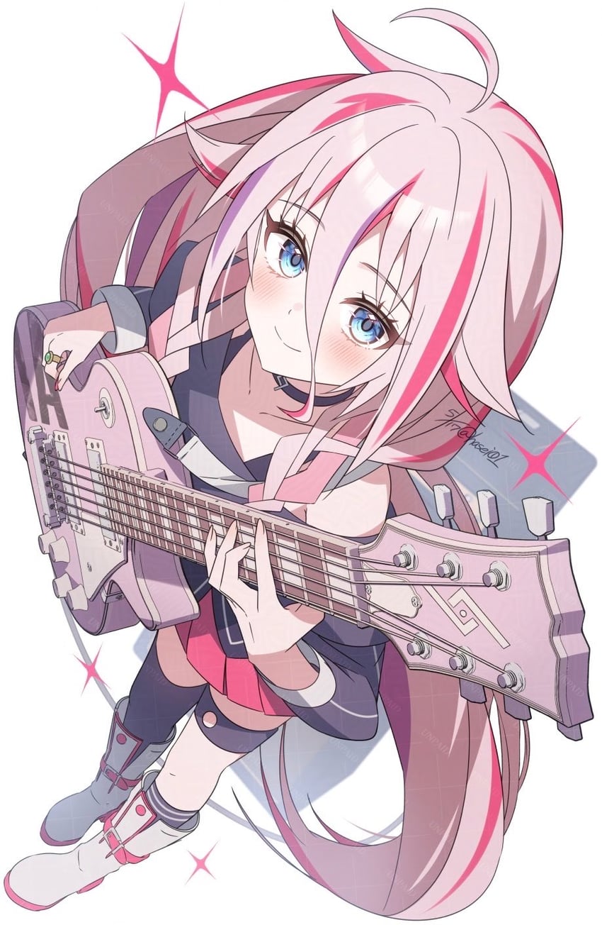 VOCALOID、IA 1名女孩 呆毛 不对称腿部穿着 黑色项圈 黑衬衫