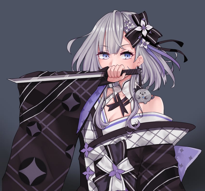 Hololive、Hololive Indonesia、Bazo(Vestia Zeta) 1名女孩 黑色和服 蓝眼 耳环 花