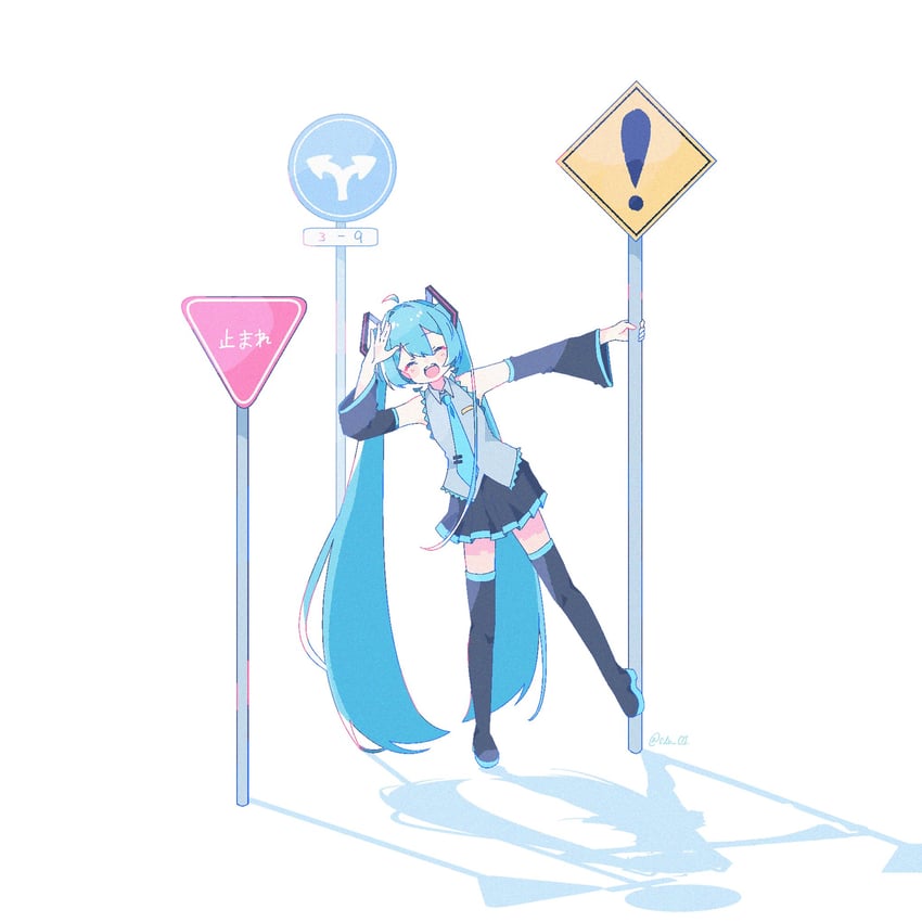 VOCALOID、初音未来 1名女孩 呆毛 黑色靴子 黑色裙子 黑色袖子