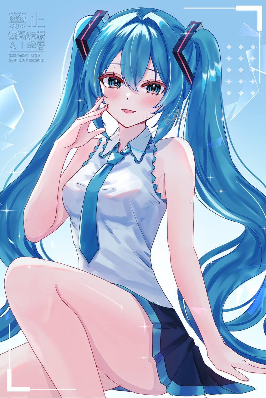 VOCALOID、初音未来 1名女孩 手臂支撑 裸臂 黑色裙子 蓝色背景