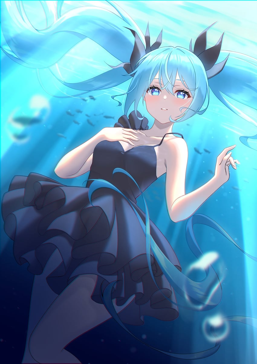 深海少女、VOCALOID、初音未来 1名女孩 气泡 裸臂 黑色蝴蝶结 黑色连衣裙