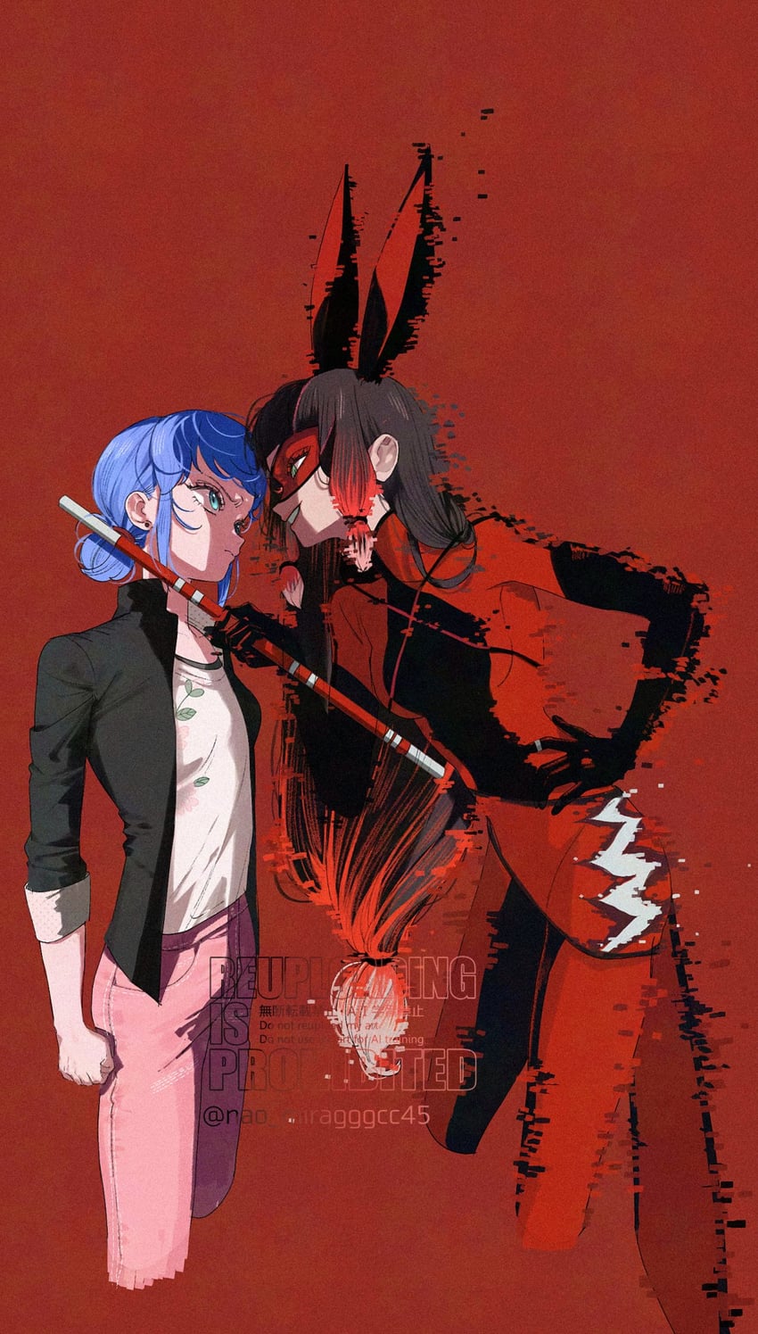瓢虫雷迪、hoaxer (miraculous ladybug)、莉拉·罗西 2名女孩 兽耳 黑发 黑色夹克 蓝眼