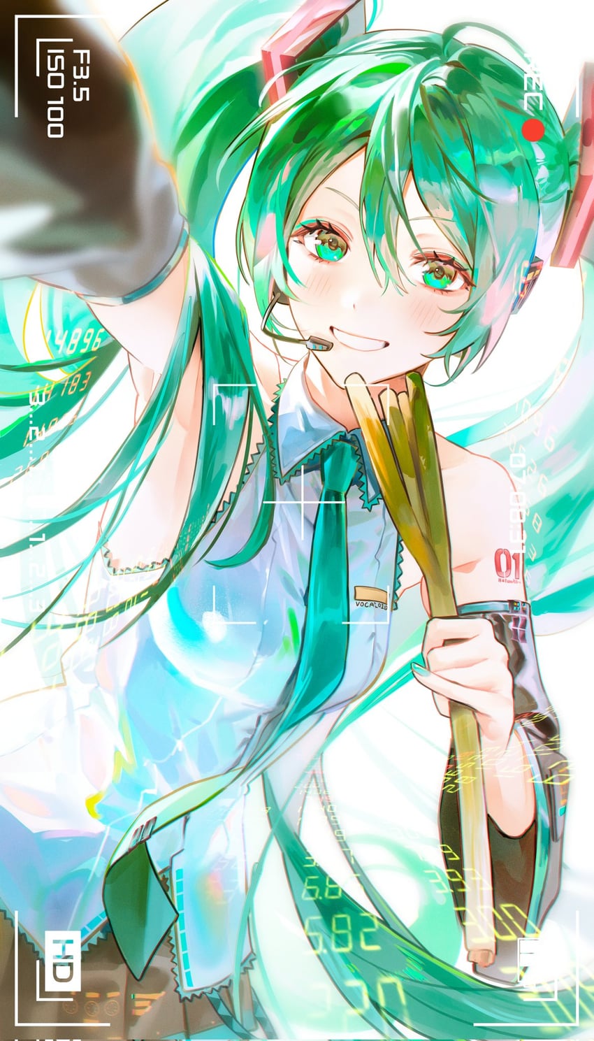 VOCALOID、初音未来 1名女孩 呆毛 腋下 黑色袖子 模糊