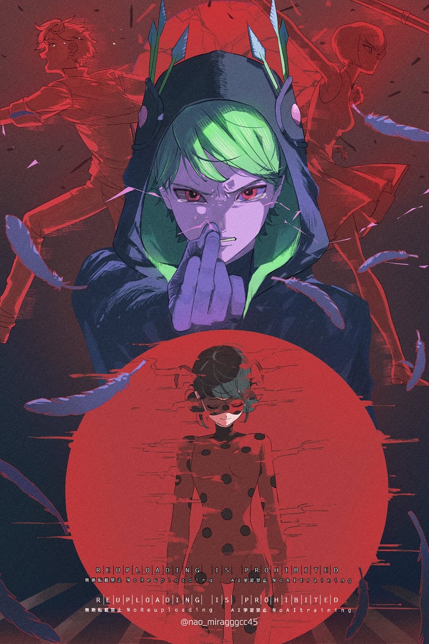 瓢虫雷迪、艾俊 (奇迹少女)、argos (miraculous ladybug) 2个男孩 2名女孩 黑发 黑色兜帽 紧身连体衣