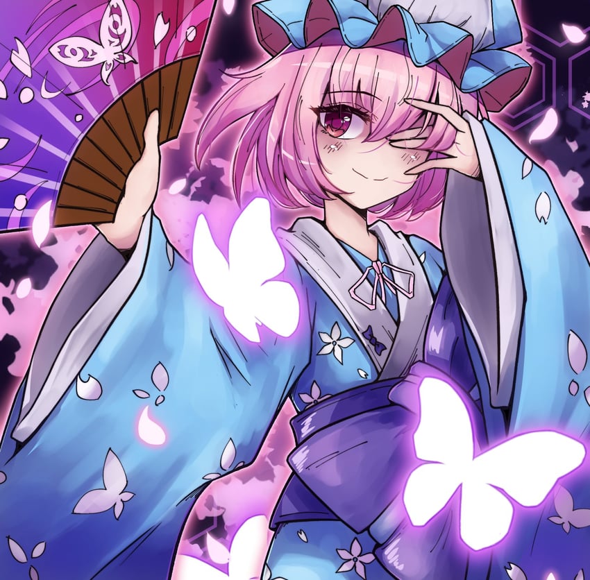 东方Project、西行寺幽幽子 1名女孩 蓝色和服 脸红 虫子 蝴蝶