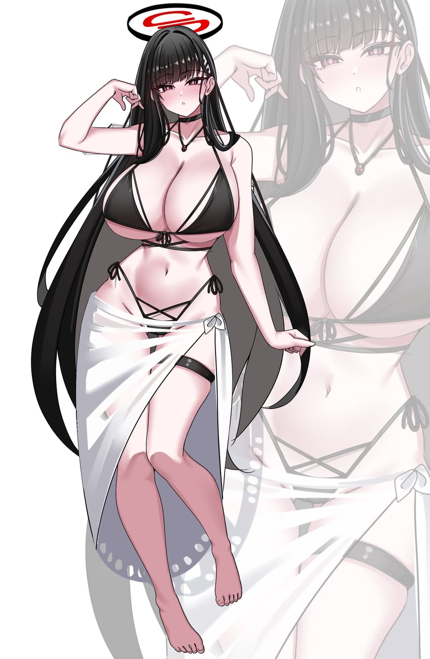 蔚蓝档案、莉央 (碧蓝档案) 1名女孩 赤脚 比基尼 黑色比基尼 黑发