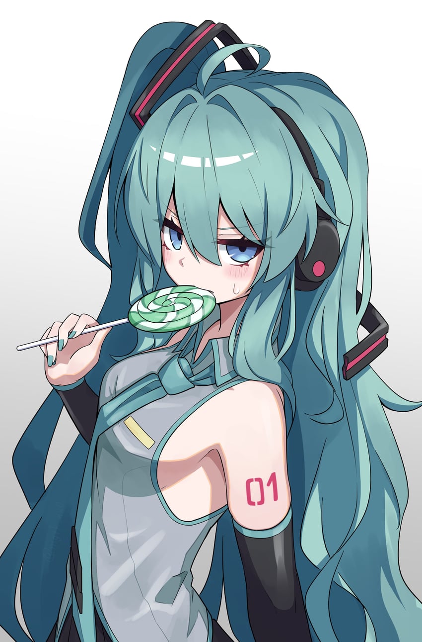 VOCALOID、初音未来 1名女孩 呆毛 水色发 水蓝色指甲 水蓝色领带