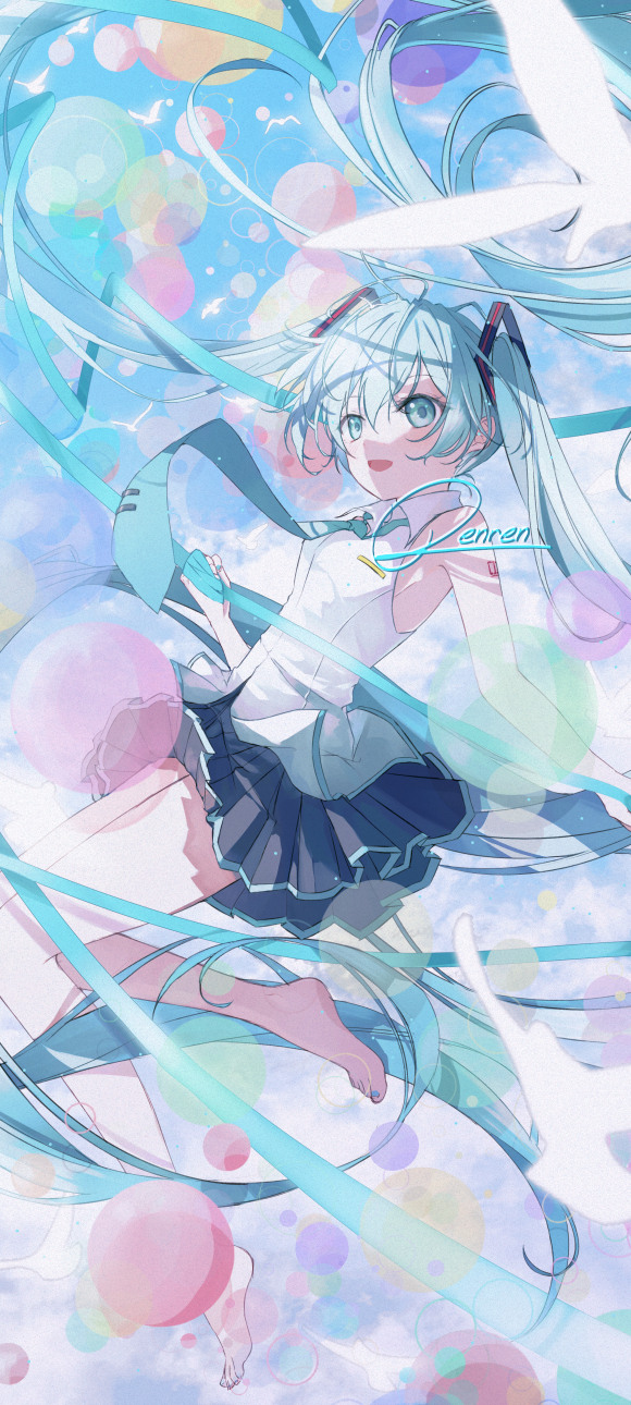 VOCALOID、初音未来 1名女孩 水色瞳 水色发 气球 鸟