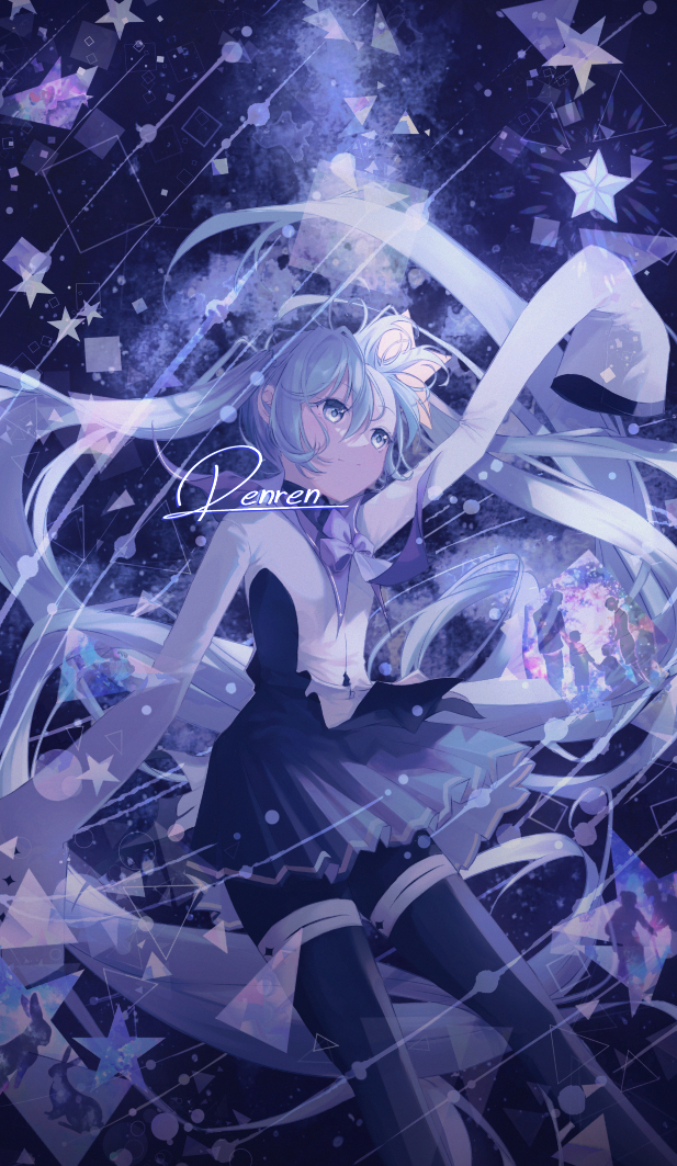 VOCALOID、初音未来 1名女孩 举手 黑色连裤袜 黑色裙子 蓝眼