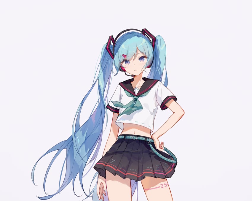 VOCALOID、初音未来 1名女孩 水色腰带 水蓝色领巾 手臂放在侧边 腰带