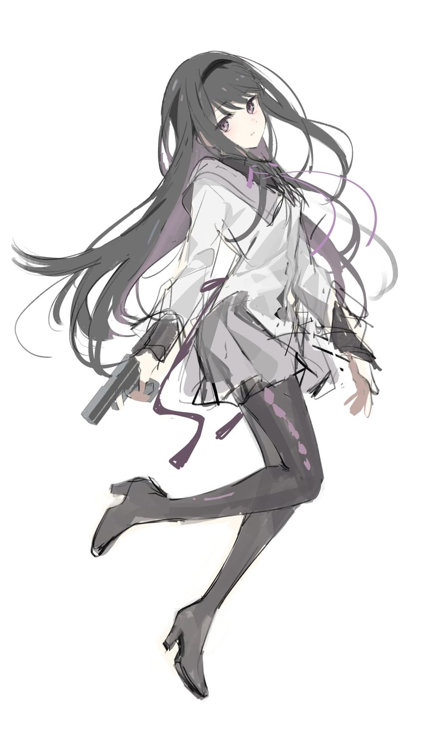 魔法少女小圆、魔法少女小圆、晓美焰 1名女孩 黑发 黑色发带 黑色连裤袜 乳房