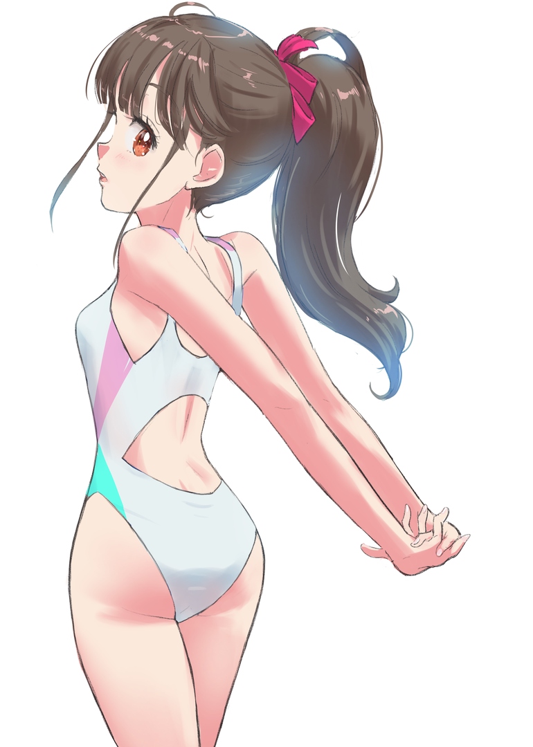 原创 1名女孩 双手背在身后 棕眼睛 棕发 竞速泳衣