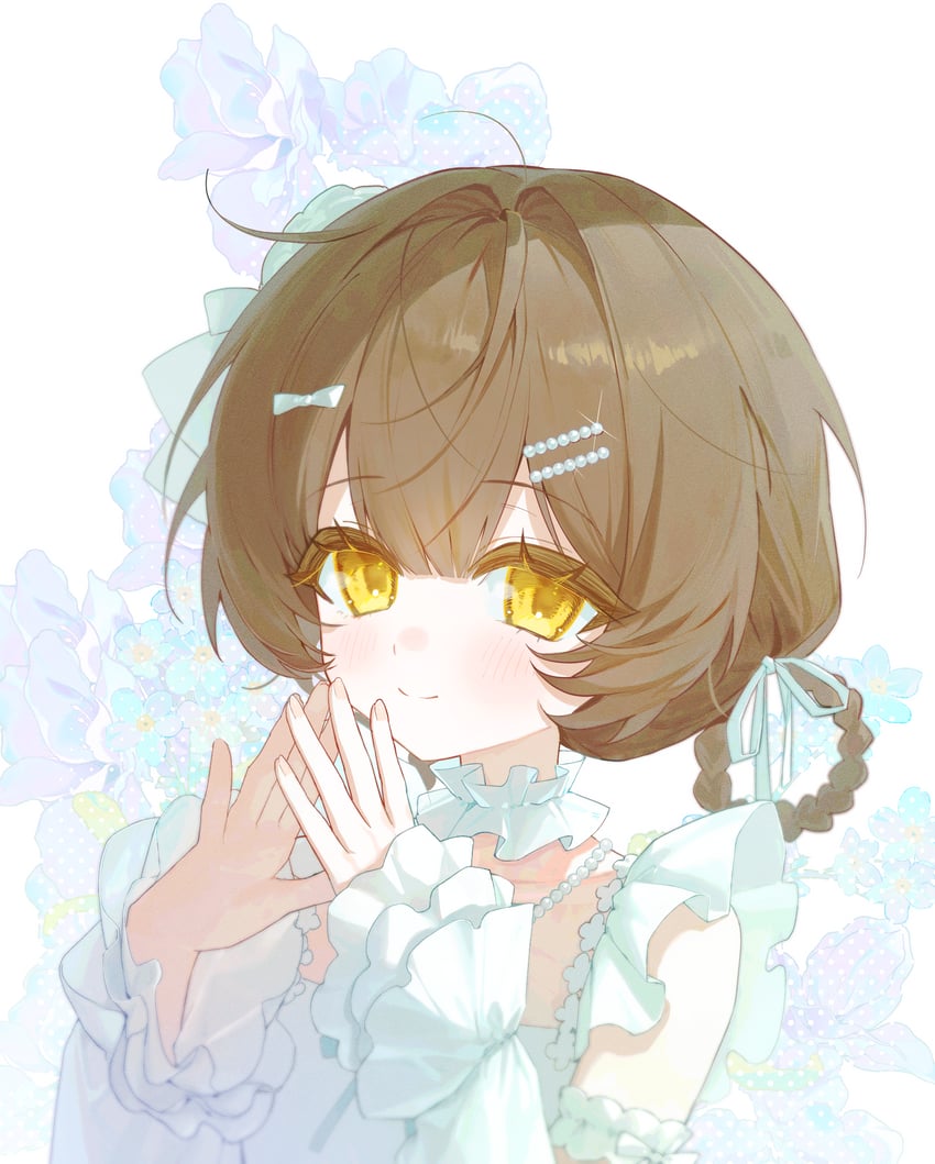 原创 1名女孩 水色花 水色缎带 珠子 脸红