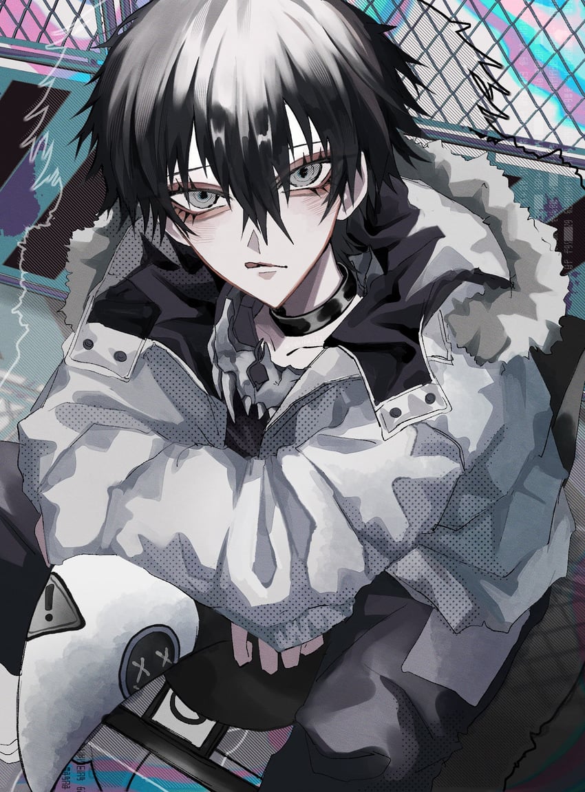 原创 1名男孩 黑色项圈 黑发 黑裤子 项圈