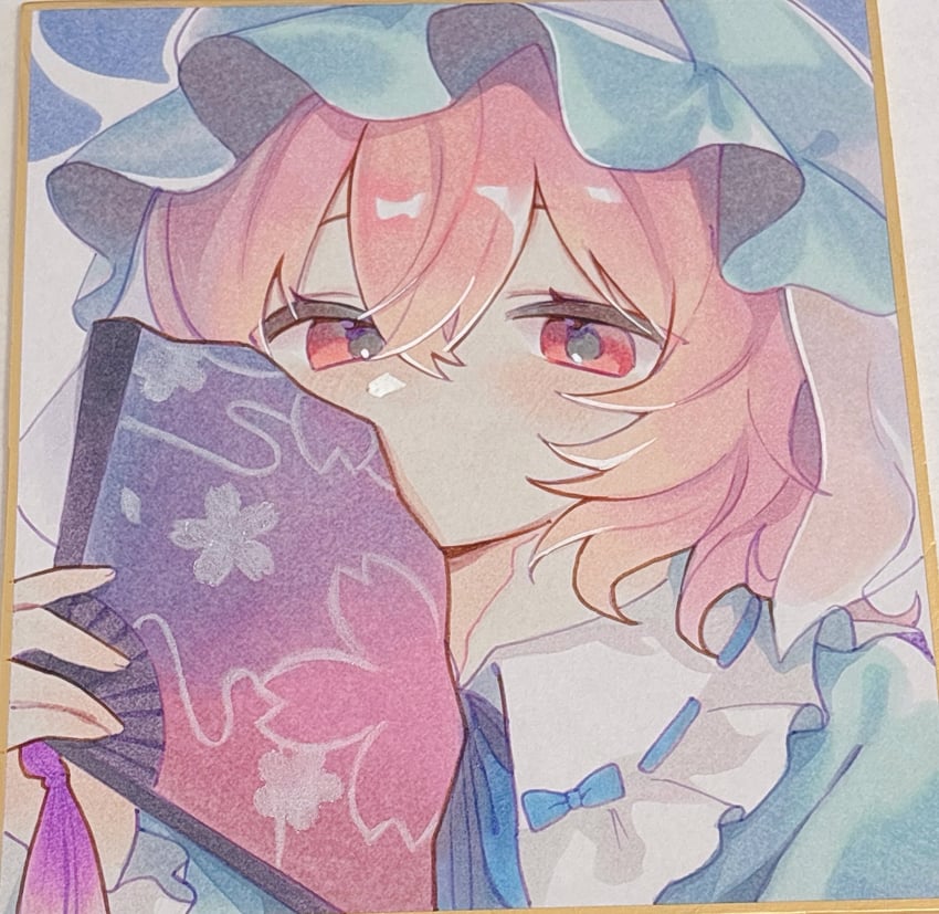 东方Project、西行寺幽幽子 1名女孩 蓝帽子 蓝色和服 折扇 折扇