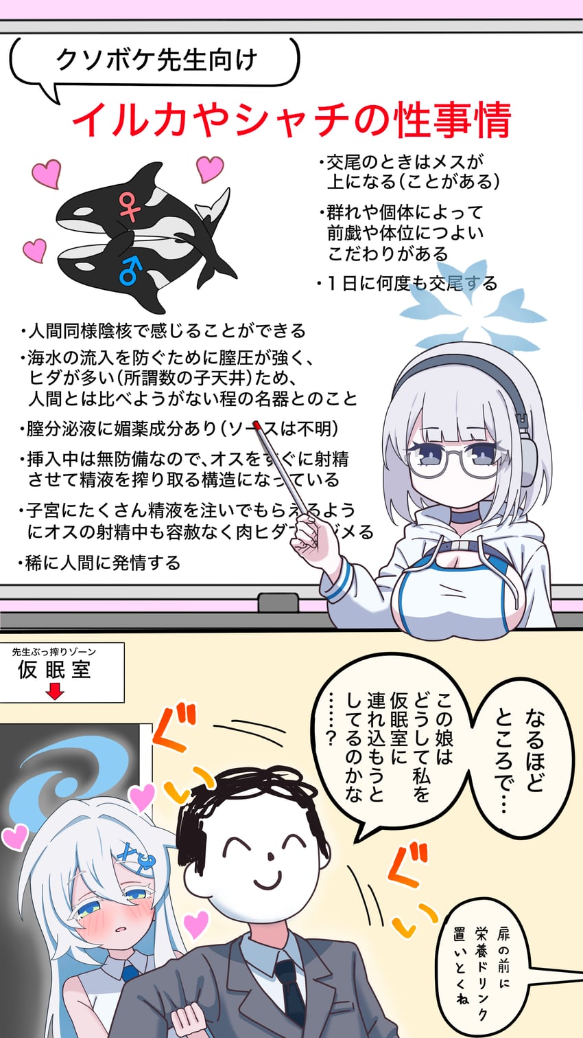 蔚蓝档案、涂鸦老师、长白发奥德赛学生 (碧蓝档案) 1名男孩 2名女孩 黑色领带 蓝色领带 脸红