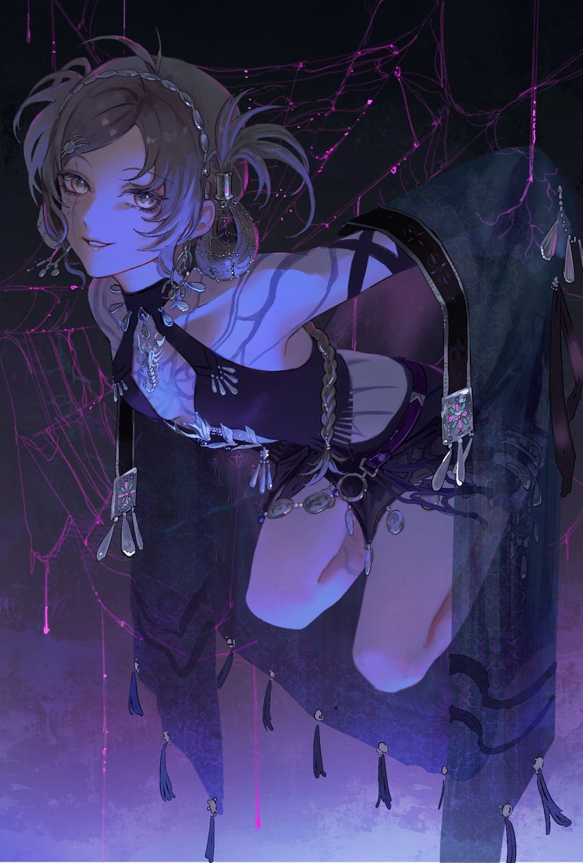 无期迷途、ayiguo (path to nowhere) 1名女孩 露肩 黑暗 耳环 全身