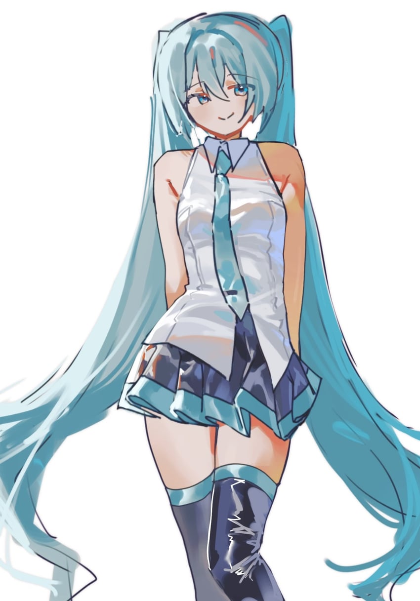 VOCALOID、初音未来 1名女孩 水色瞳 水色发 水蓝色领带 水蓝色饰边