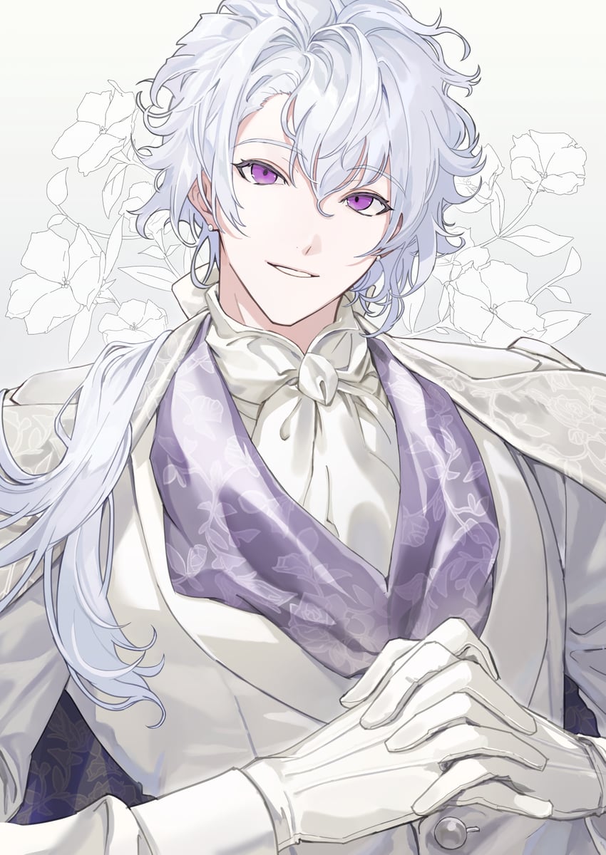 Fate/Grand Order、Fate系列、梅林 (祝祭装束) (Fate) 1名男孩 阿斯科特领巾 蝴蝶结 耳环 花卉背景