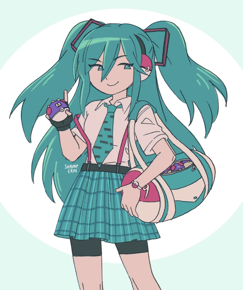 宝可梦、宝可梦×初音未来联动项目、VOCALOID 1名女孩 水袋 水色瞳 水色发 水蓝色领带