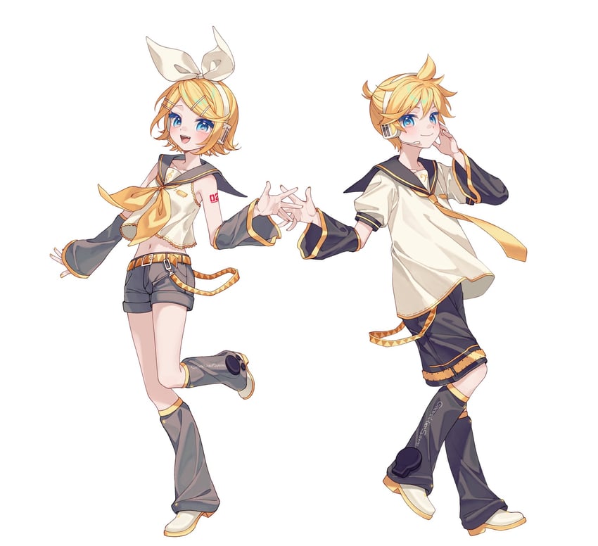 VOCALOID、镜音连、镜音铃 1名男孩 1名女孩 手臂纹身 撩起刘海 低音谱号