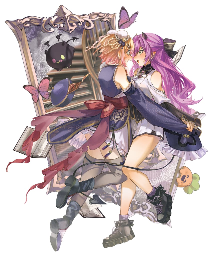 Hololive、Bibi (常暗永远的随从)、桃铃音音 2名女孩 替换服装 发型长度变动 (更短) 露肩 黑色靴子