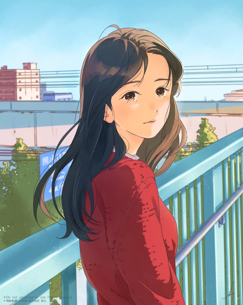 原创 1名女孩 黑发 蓝天 桥 棕眼睛