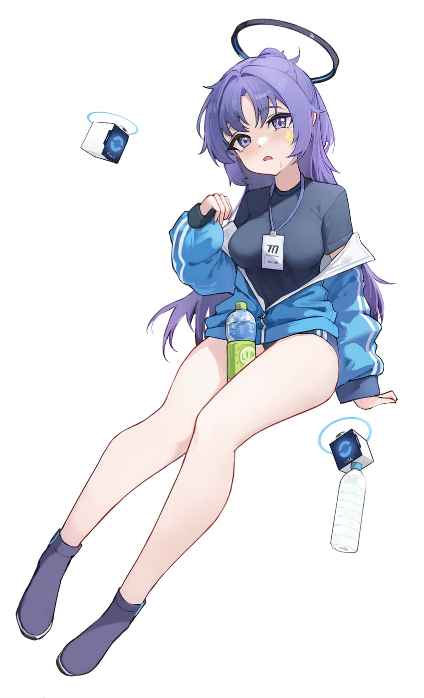 蔚蓝档案、早濑优香、优香 (体操服) (碧蓝档案) 1名女孩 黑衬衫 蓝色布鲁玛 脸红 瓶子