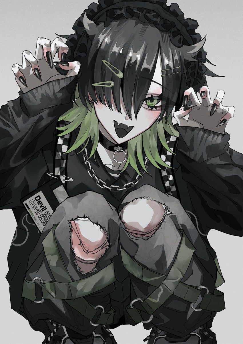 原创 1名女孩 黑色项圈 黑发 黑色头饰 黑色卫衣