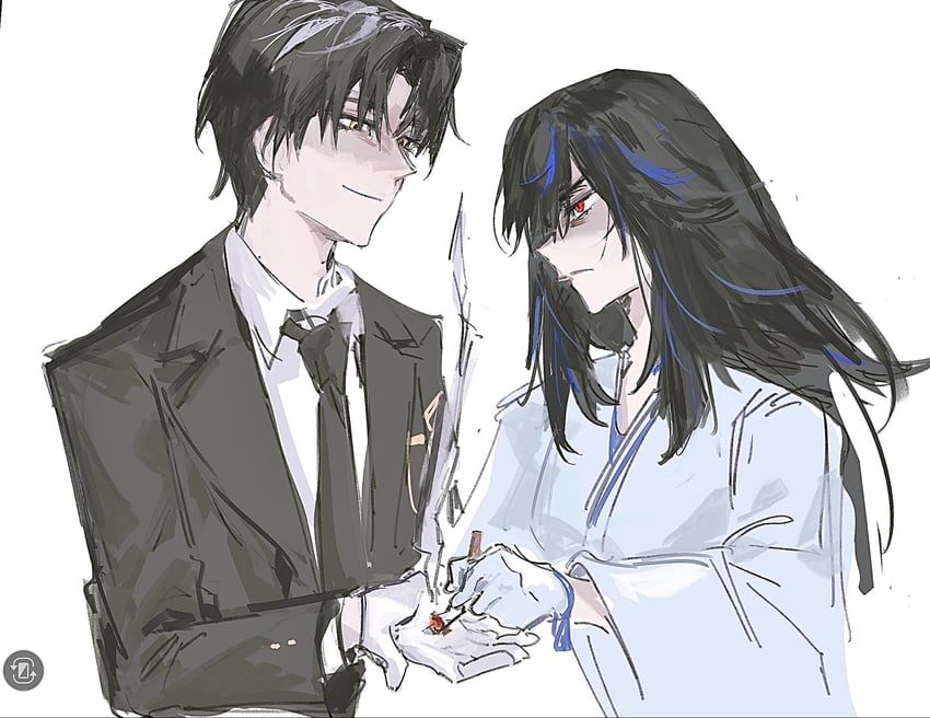 边狱公司、Project Moon、利恩 (Project Moon) 1名男孩 1名女孩 生气 黑发 蓝色丝带