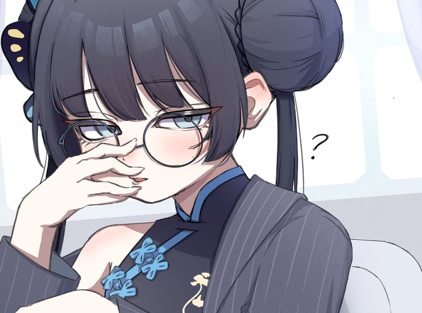 蔚蓝档案、妃咲 (碧蓝档案) 1名女孩 调整眼镜 戴眼镜的 黑发 旗袍