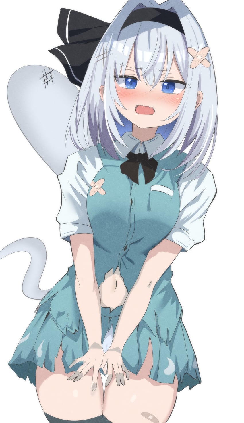 东方Project、魂魄妖梦、魂魄妖梦 (半灵) 1名女孩 创可贴 腿上的创可贴 大腿上的绷带 黑色蝴蝶结