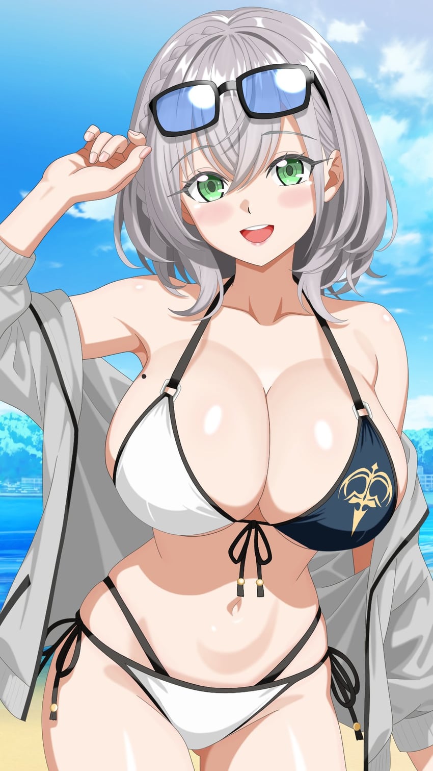 Hololive、白银诺艾尔、白银诺艾尔 (2020夏季服饰) 1名女孩 露肩 比基尼 蓝天 脸红