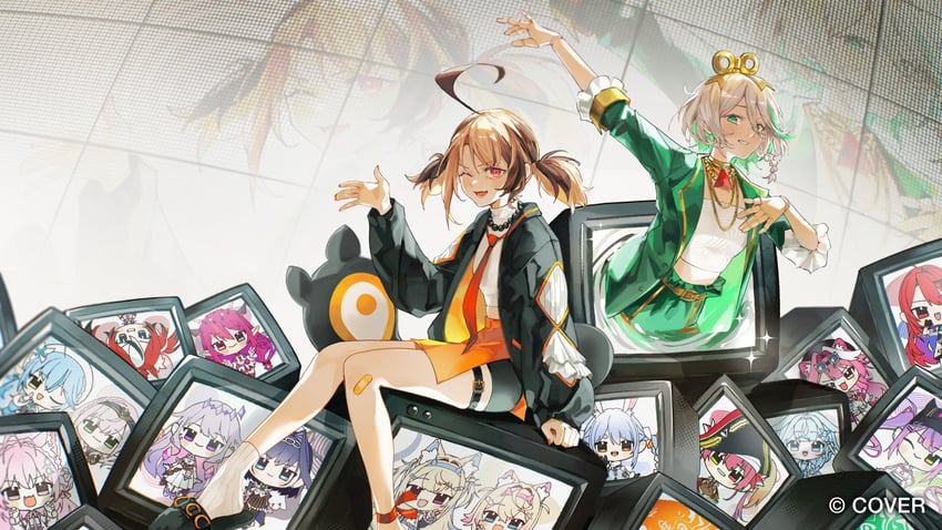 Hololive、hololive DEV_IS、Hololive英语 2名女孩 :D 黑色夹克 黑鞋 黑色尾巴