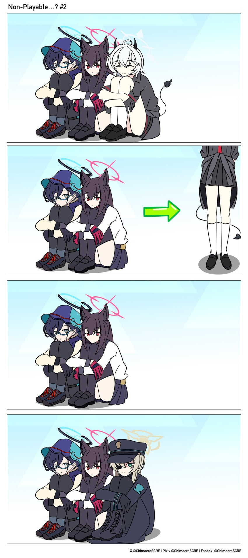 蔚蓝档案、各务千寻 (蔚蓝档案)、千寻 (露营) (蔚蓝档案) 4个女孩 四格漫画 兽耳毛 兽耳 黑角