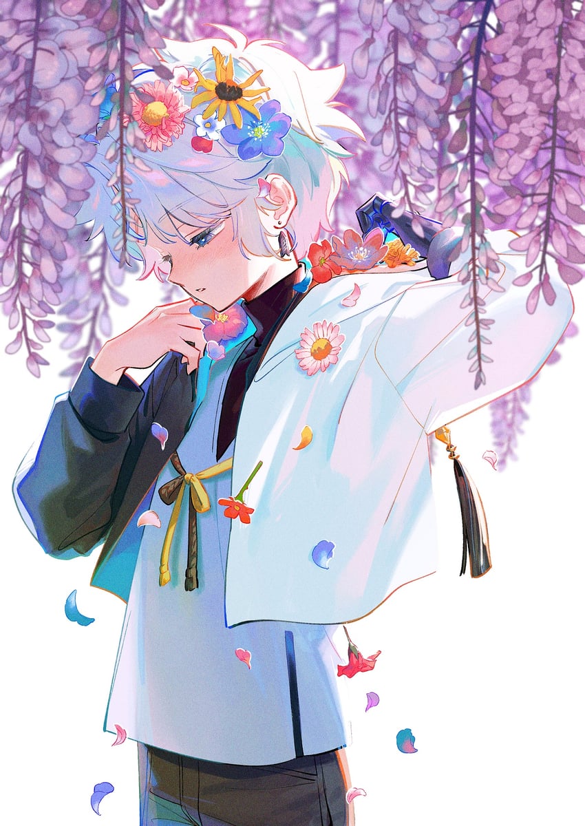 Fate/Grand Order、Fate系列、藤堂平助 (Fate) 1名男孩 蓝眼 脸红 耳环 落花