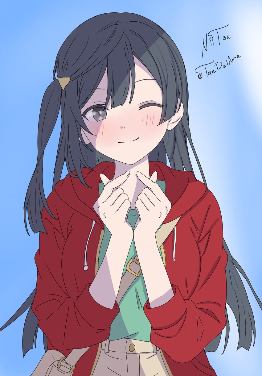 Love Live!、Love Live! 虹咲学园学园偶像同好会、优木雪菜 1名女孩 黑发 脸红 休闲装 斜挎包